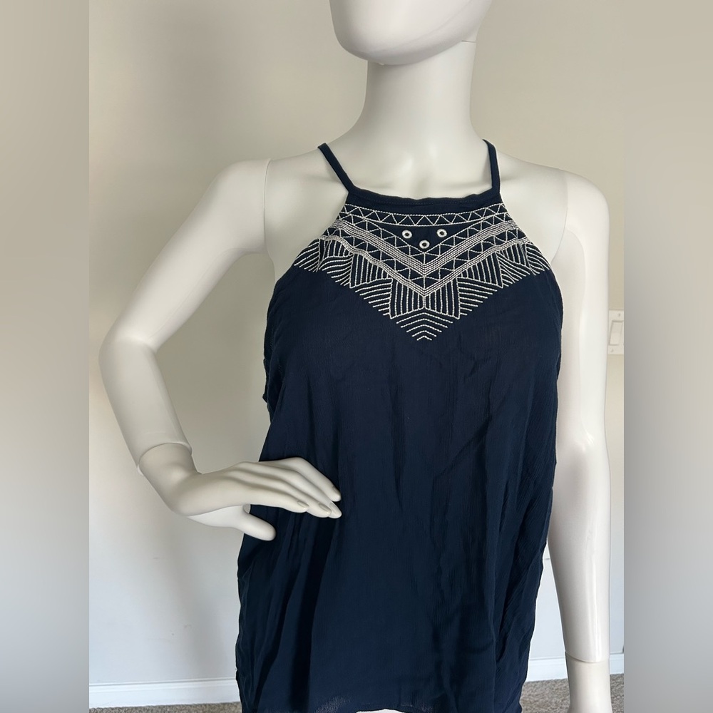 Love, Fire Navy Tank Top with White Embroidery